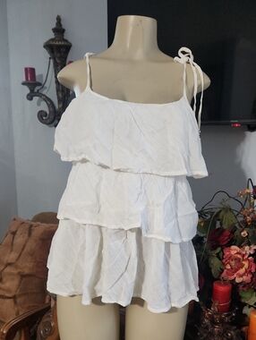 White Tiered Ruffle Summer Dress with Tie Straps Pit To Pit 19 Stertch